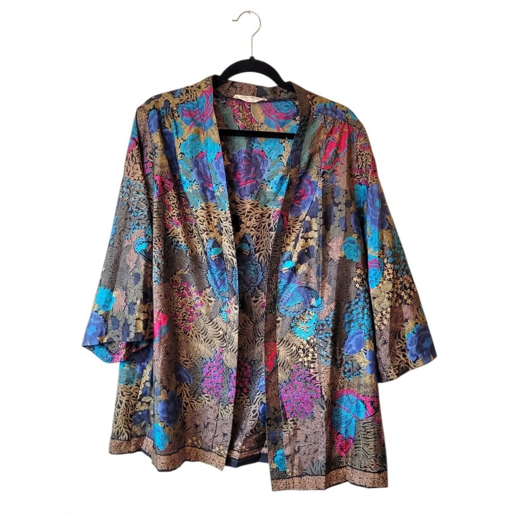 Vintage Edith Martin Colorful Floral Teal, Gold, Pink Kimono Jacket OS